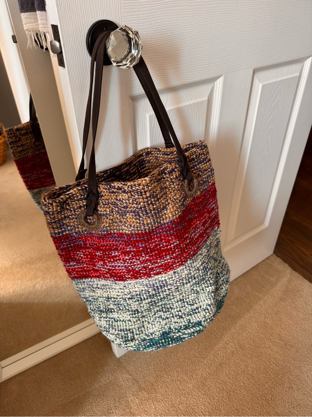 Handmade Multi-Color Wool Tote Bag with Brown Handles
